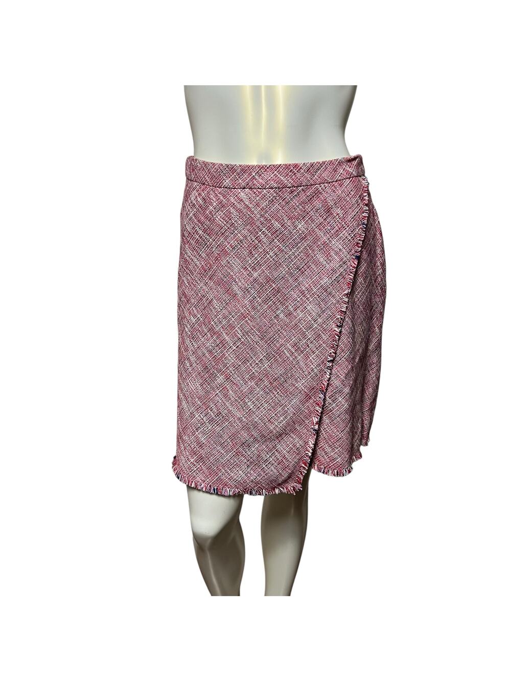 Banana Republic Pink Tweed Wrap Skirt Fringe Hem Faux Wrap Size 0 Cotton Blend